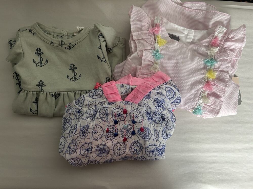 Lot of Three Baby Girl Short Sleeve Dresses Kate Quinn Fox & Finch Size 6-12 Mos